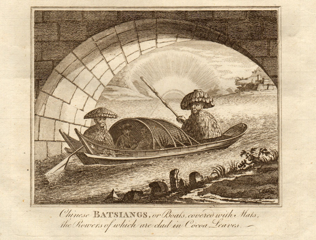 Chinese batsiang boats. Clad in cocoa leaves. China. MIDDLETON 1779 old print